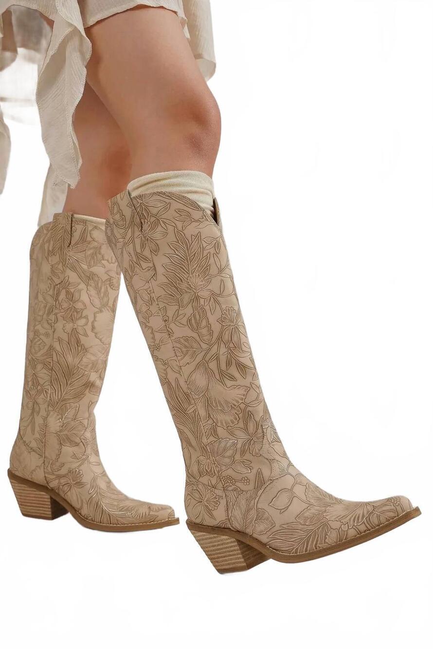 NEW BEAST FASHION women's adela block heel boots in beige